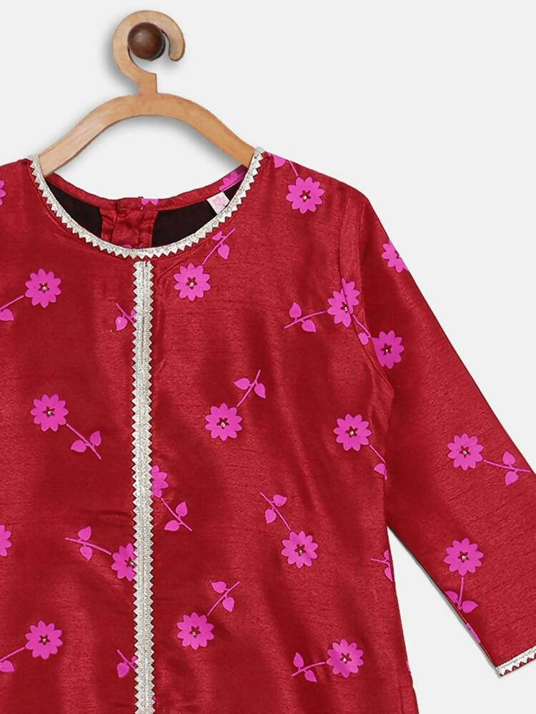 Ahalyaa Red Poly Silk Straight Printed Kids Kurta Palazzo Set For Girls | Swadesiicart