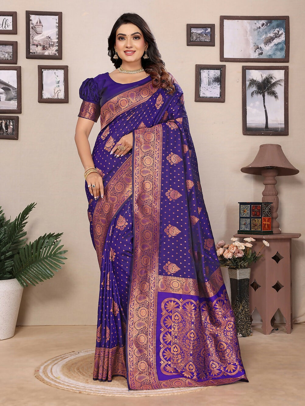 Joban Fashion Banarasi Navy Blue Woven Soft Silk Saree | Swadesiicart