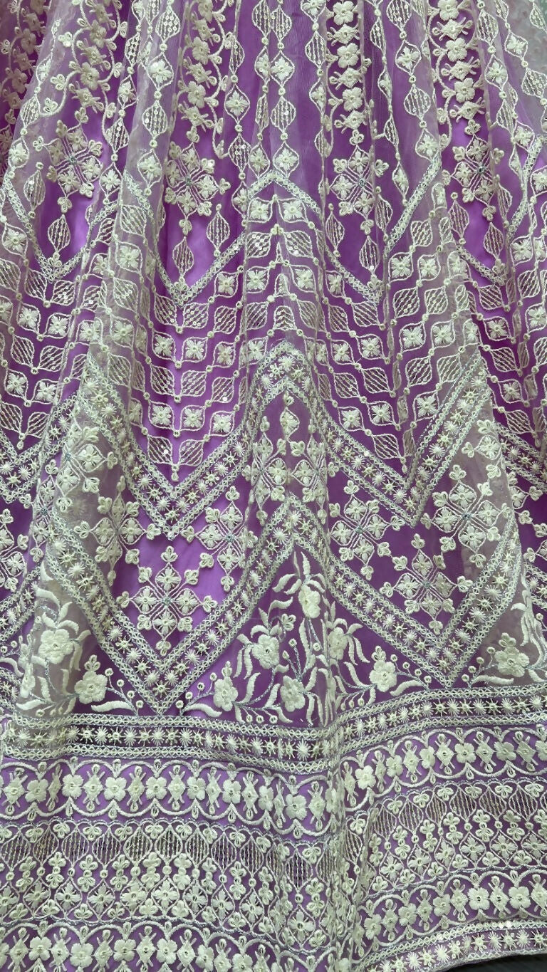 Jyoti Fashion Women's Mauve Net Patterned Thread Embroidered with Sequins Wedding Lehenga Choli | Swadesiicart
