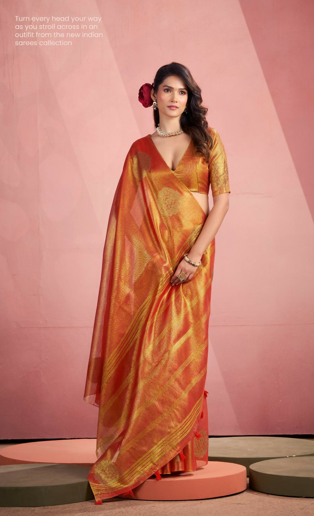 Anaita Orange Silk Tissue Zari Weaving Work Saree With Blouse Piece
