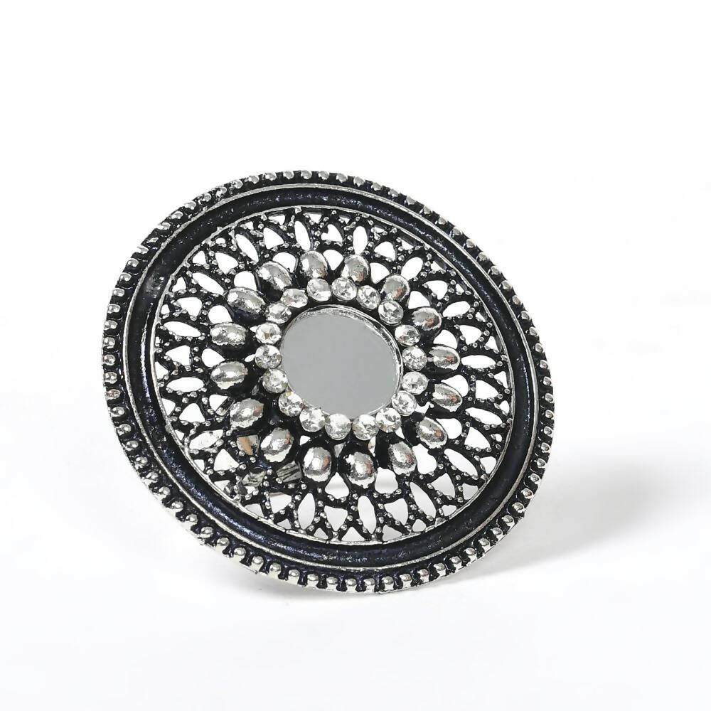 Mominos Fashion Joharkamal Oxidised Silver-Toned Adjustable Finger Ring - Swadesiicart