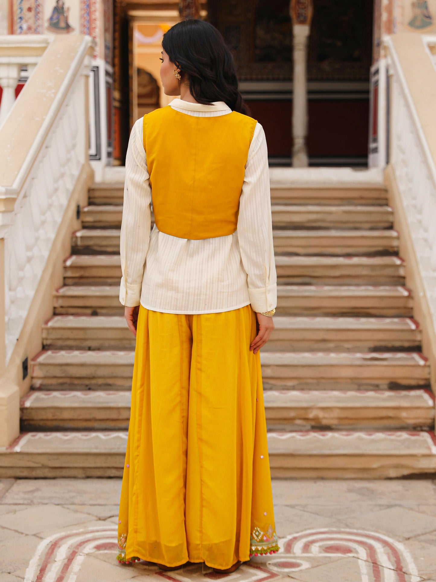 Juniper Women's Mustard Thread Embroidered Georgette Shirt Jacket & Palazzo Set With Mirror Work & Sequins - Swadesiicart