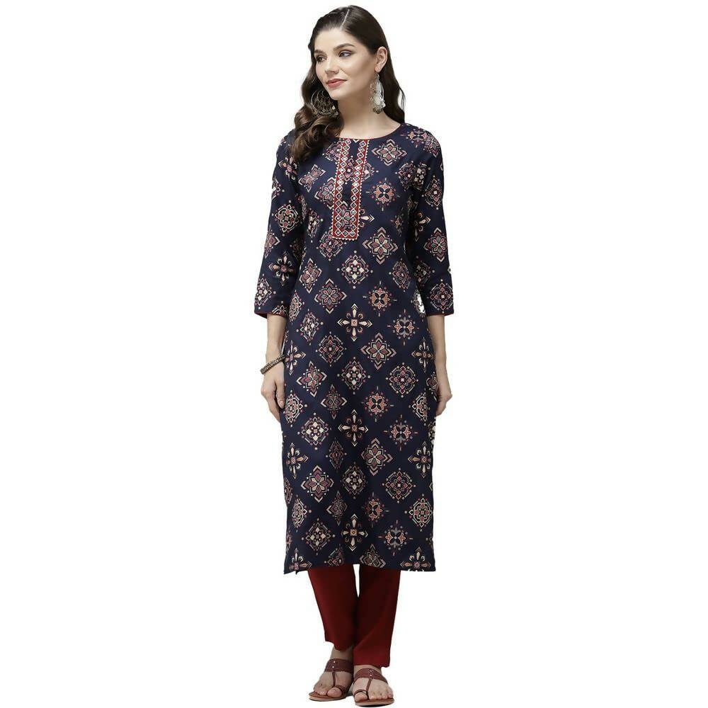 Anubhutee Women's Rayon Ethnic Motifs Printed Regular Gotta Patti Navy Blue Kurta with Trousers | Swadesiicart