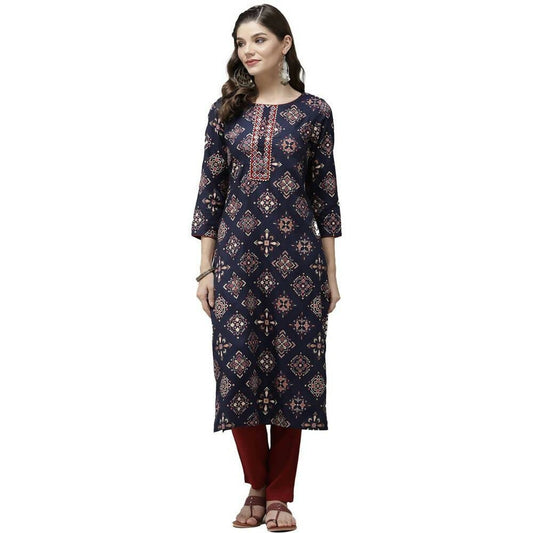 Anubhutee Women's Rayon Ethnic Motifs Printed Regular Gotta Patti Navy Blue Kurta with Trousers | Swadesiicart