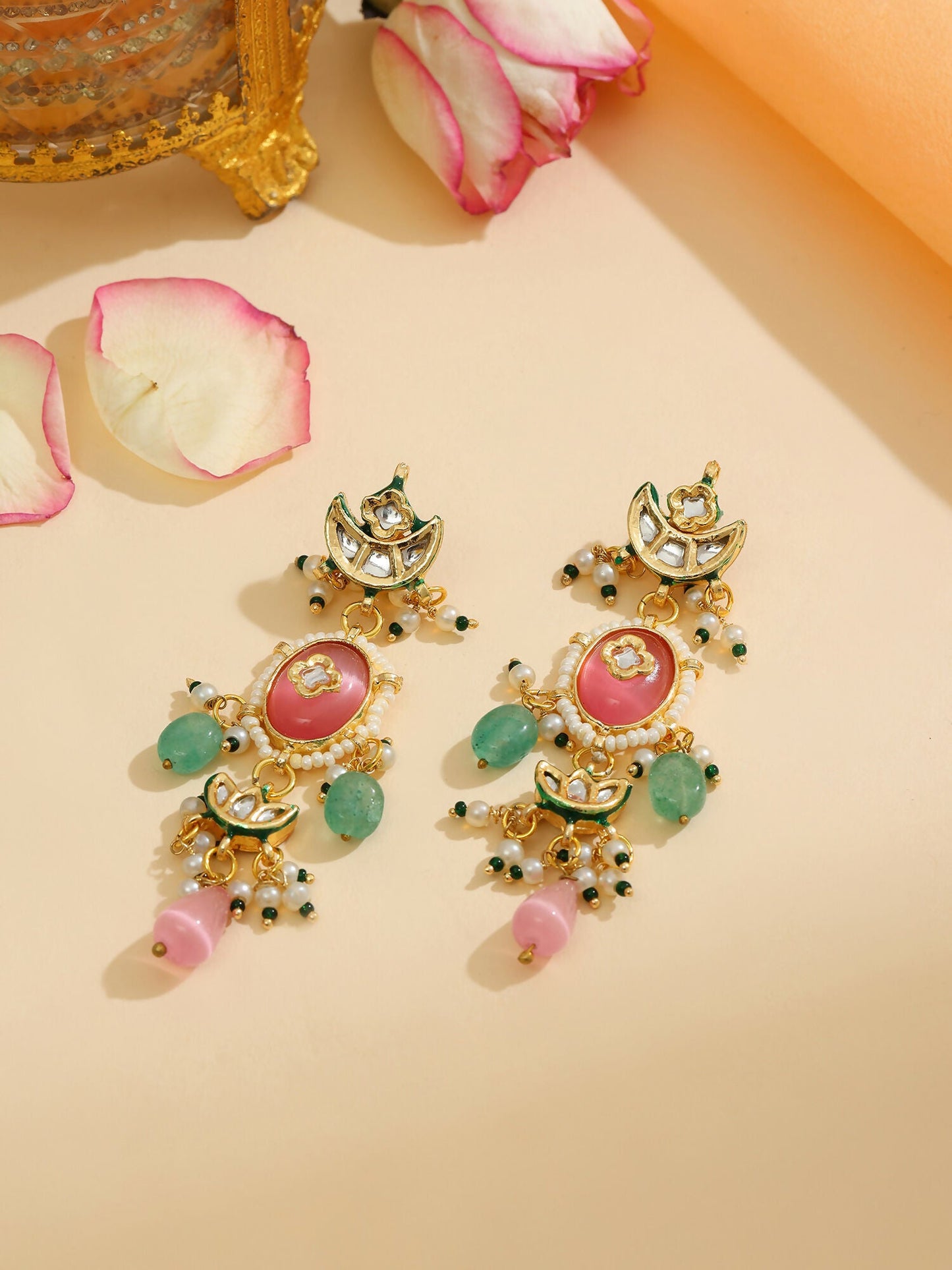 Ruby Raang 22k Gold Polished Blush Pink Kundan Earrings | Swadesiicart