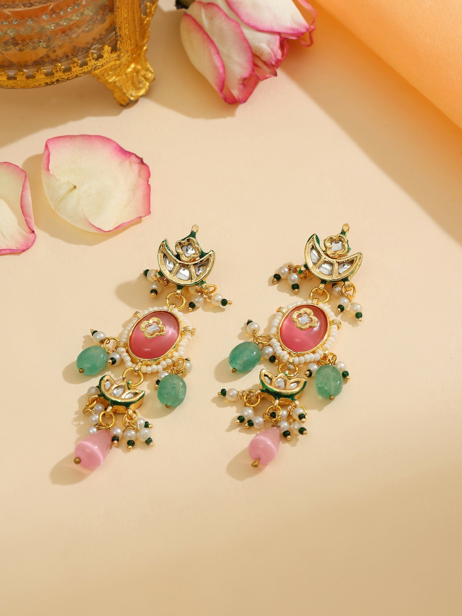 Ruby Raang 22k Gold Polished Blush Pink Kundan Earrings | Swadesiicart