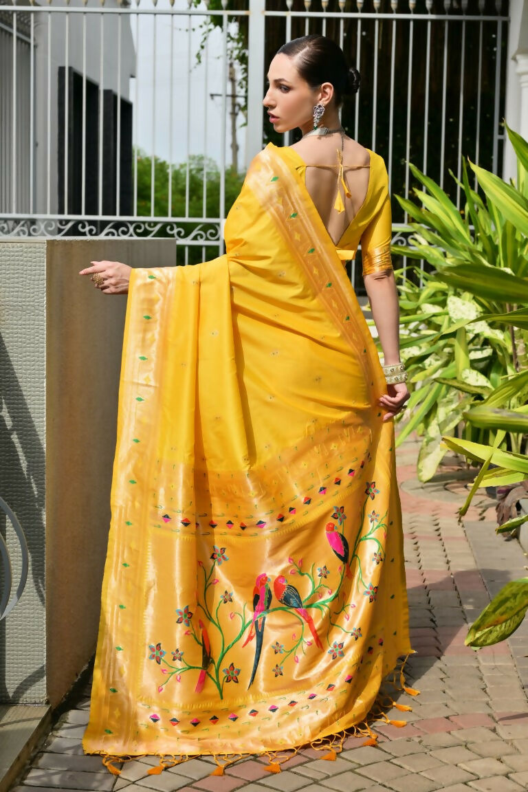Vishnu Weaves Women's Yellow Paithani Silk Zari Woven Saree with Blouse - Swadesiicart