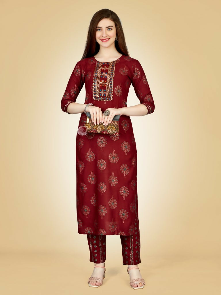 Jyoti Fashion Women's Maroon Viscose Rayon Embroidered Kurta Pant Set | Swadesiicart