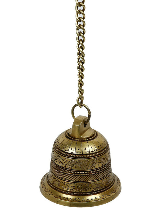 CraftVatika Gold-Toned Brass Hanging Bell with Attached Chain & Hook | Swadesiicart