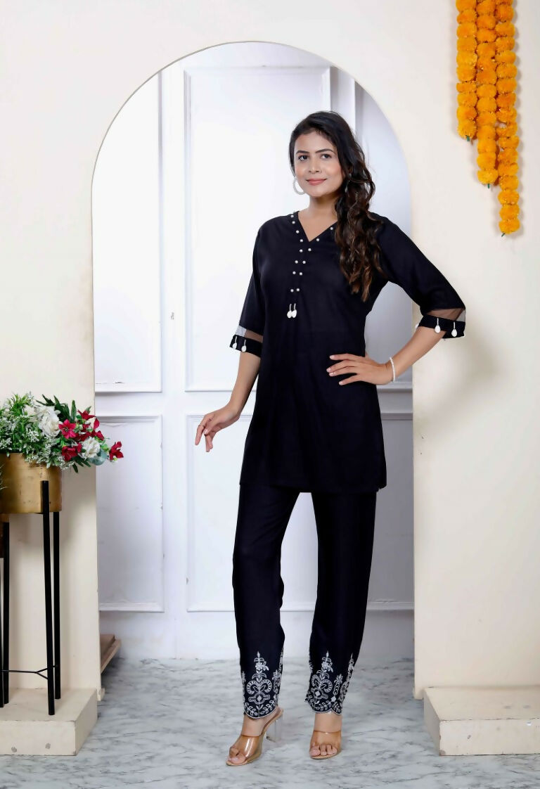 Miravan Women's Solid Black Rayon Co-Ord Set - Swadesiicart