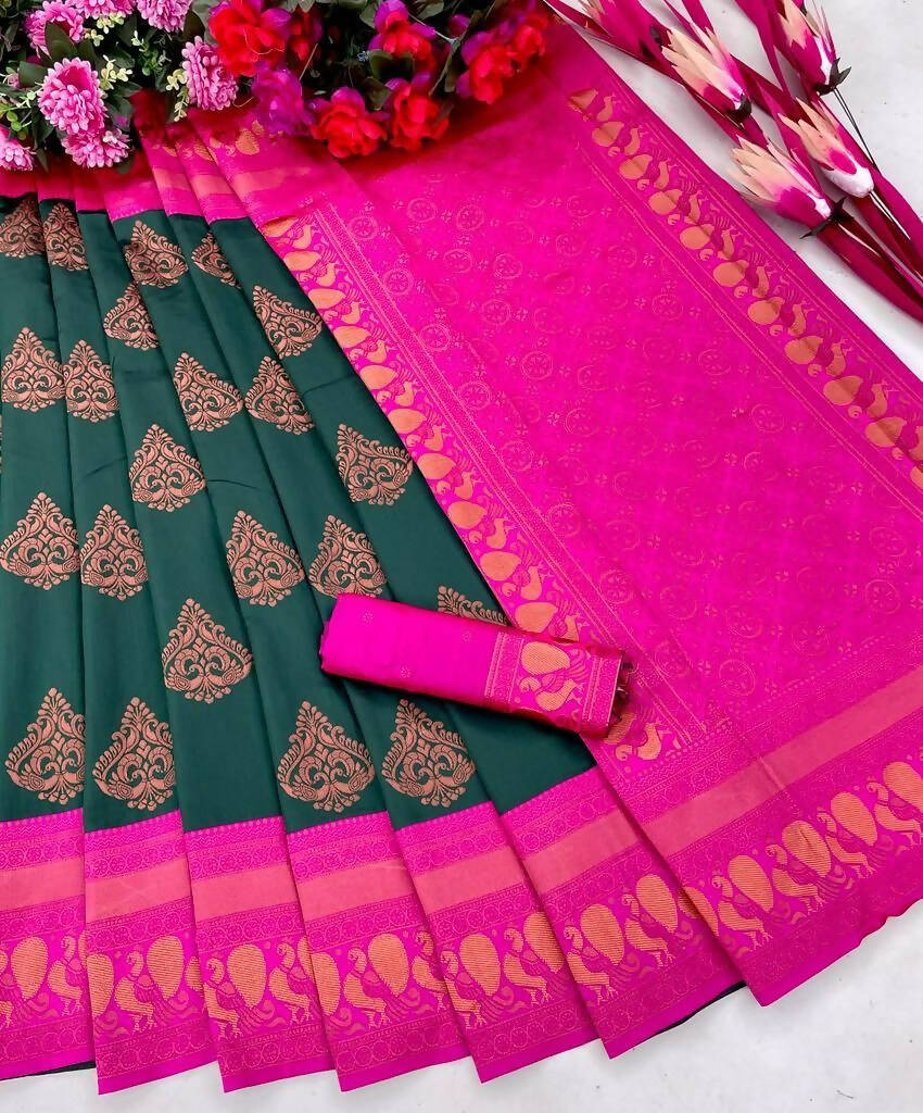 DEIANA'S Beautiful Designer Golden zari Soft Lichi Silk Saree - Green - Swadesiicart