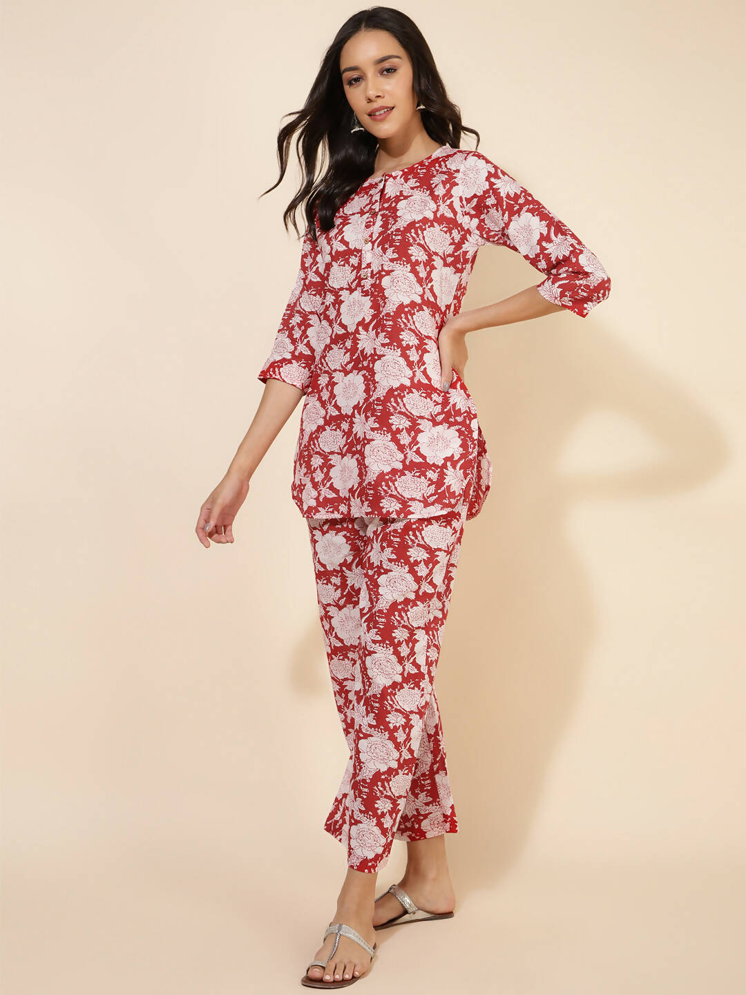 Janasya Women's Red Cotton Cambric Floral Printed Casual Straight Top Set | Swadesiicart