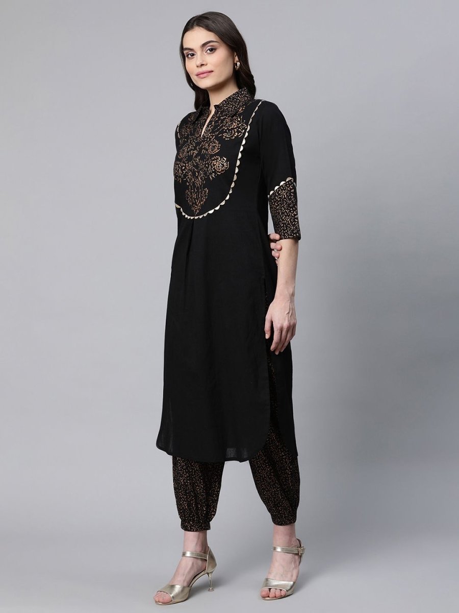 Ahalyaa Women Black Colour Pure Cotton Printed Kurta Pant Set | Swadesiicart