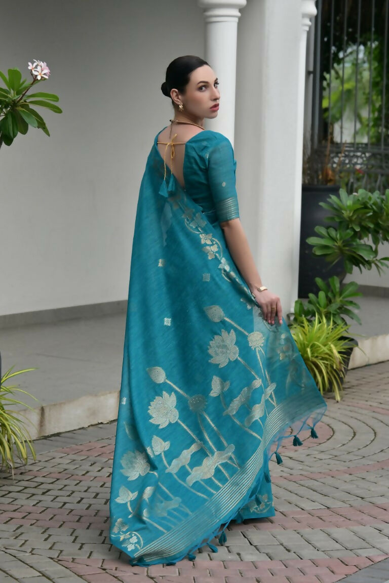 Vishnu Weaves Women's Firozi Linen Silk Zari Weaving Saree with Blouse - Swadesiicart