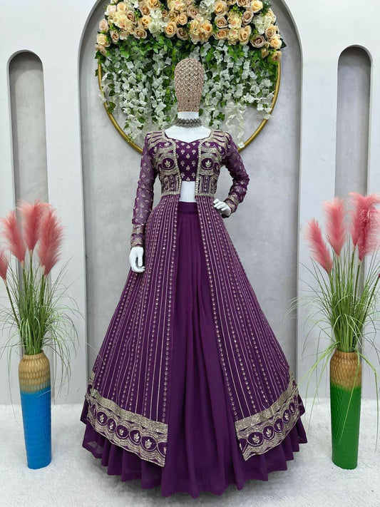Jyoti Fashion Women's Wine Faux Georgette Sequins with Thread Embroidered Designer Lehenga Choli with Shrug Set | Swadesiicart