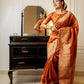 Vishnu Weaves Women's Orange Handloom Raw Silk Woven Border Saree with Unstitched Blouse - Swadesiicart