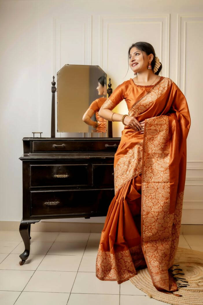 Vishnu Weaves Women's Orange Handloom Raw Silk Woven Border Saree with Unstitched Blouse - Swadesiicart