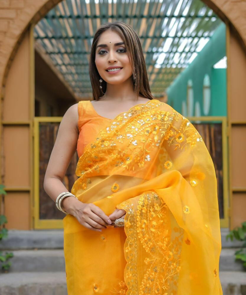 Vamsee Kiki Yellow Organza Saree - Swadesiicart