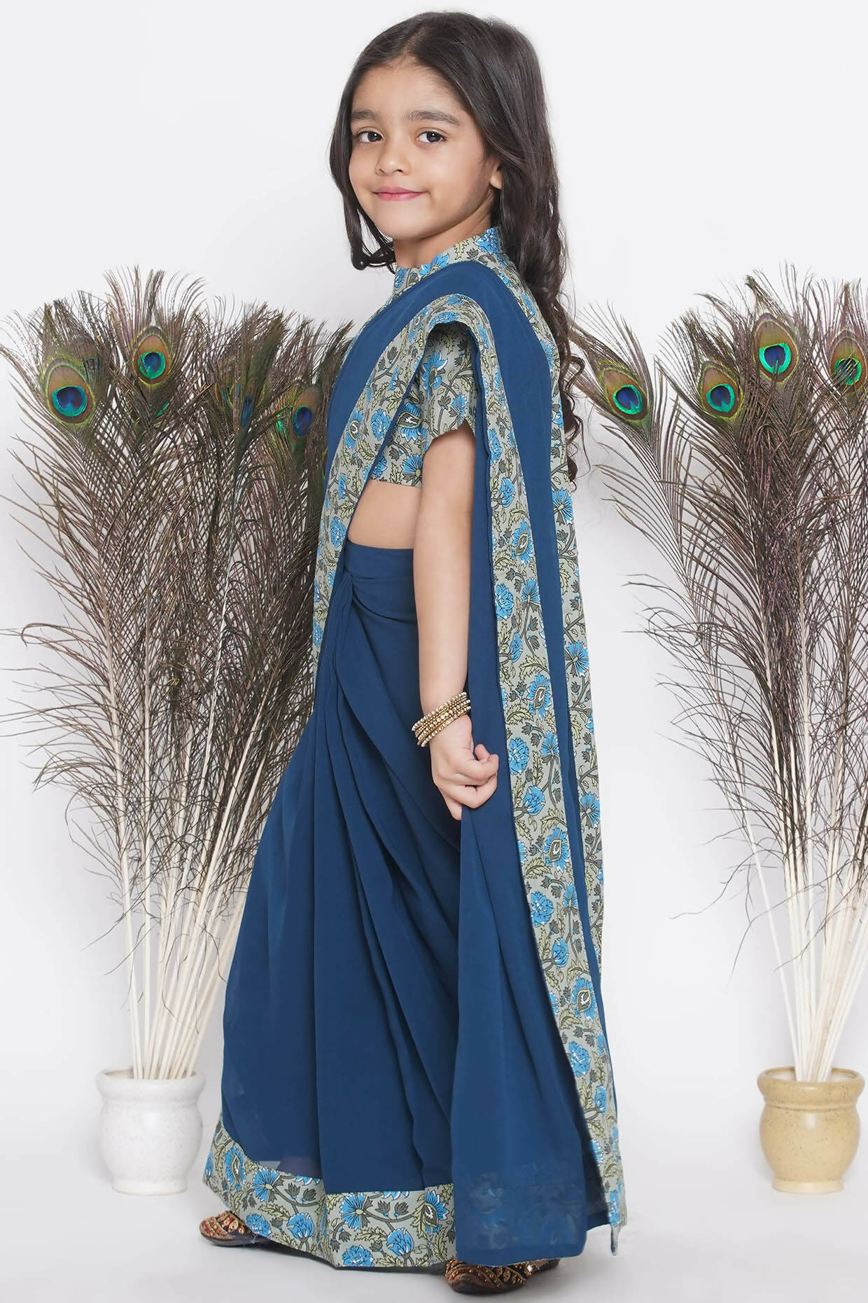 Little Bansi Floral Print Ready To Wear Saree And Floral Blouse - Blue | Swadesiicart