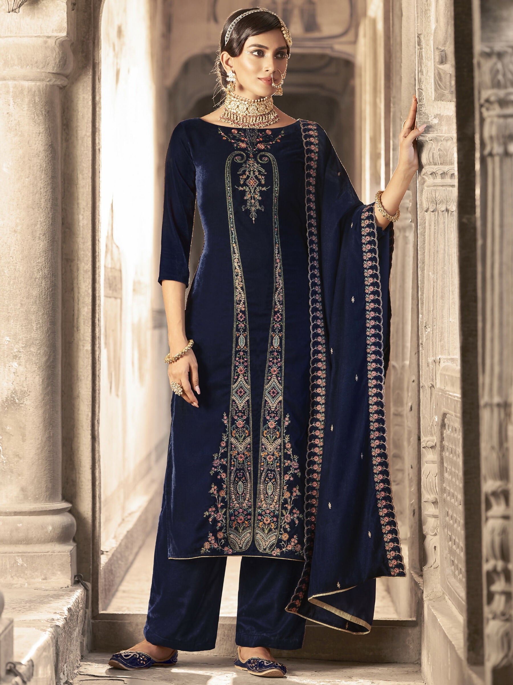 Jyoti Fashion Women's Navy Blue Velvet Floral Resham Thread with Jari work Kurta with Trouser & Dupatta | Swadesiicart