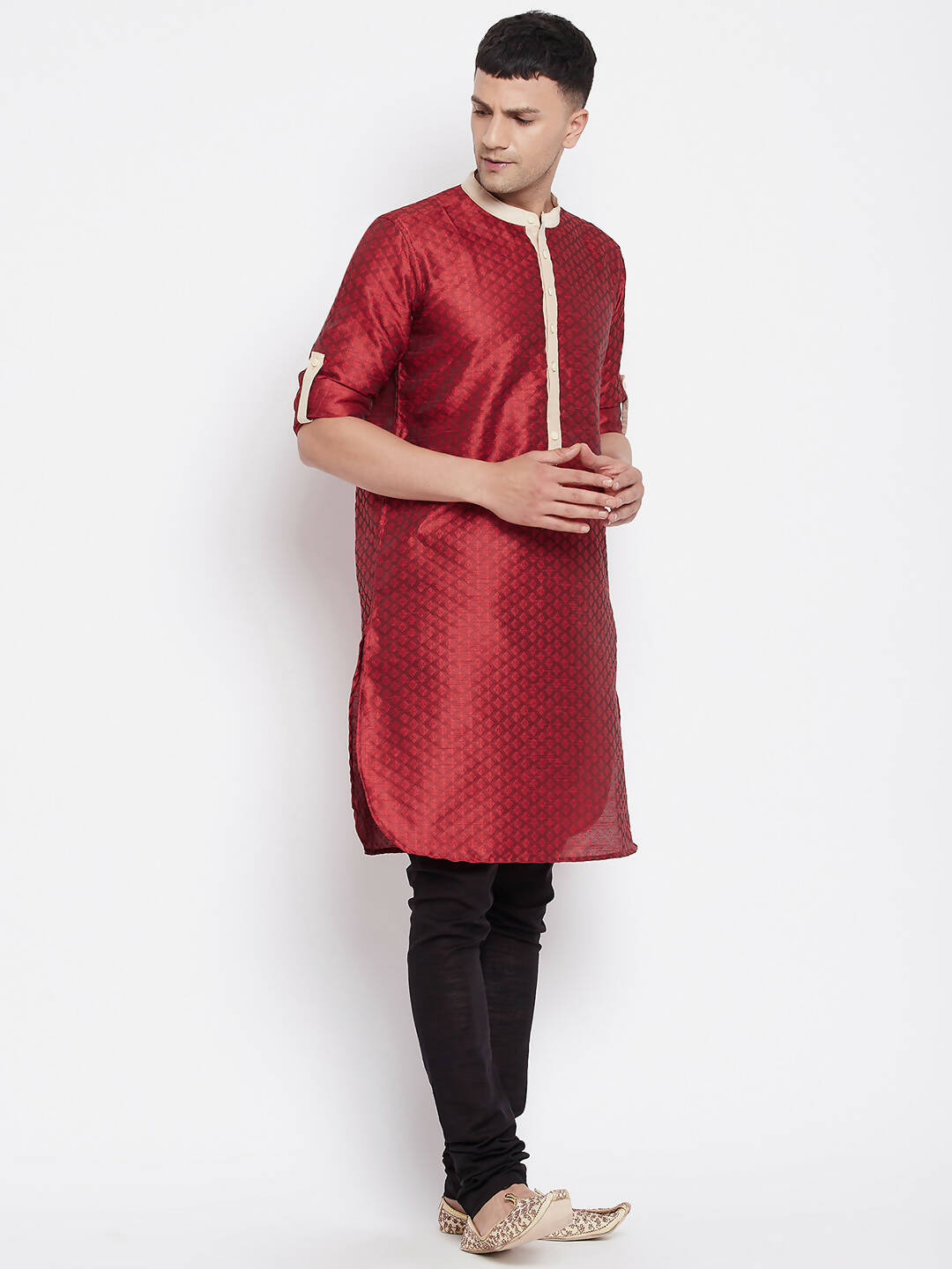 Even Apparels Red Art Silk Men's Kurta With Contrast Collar And Placket | Swadesiicart
