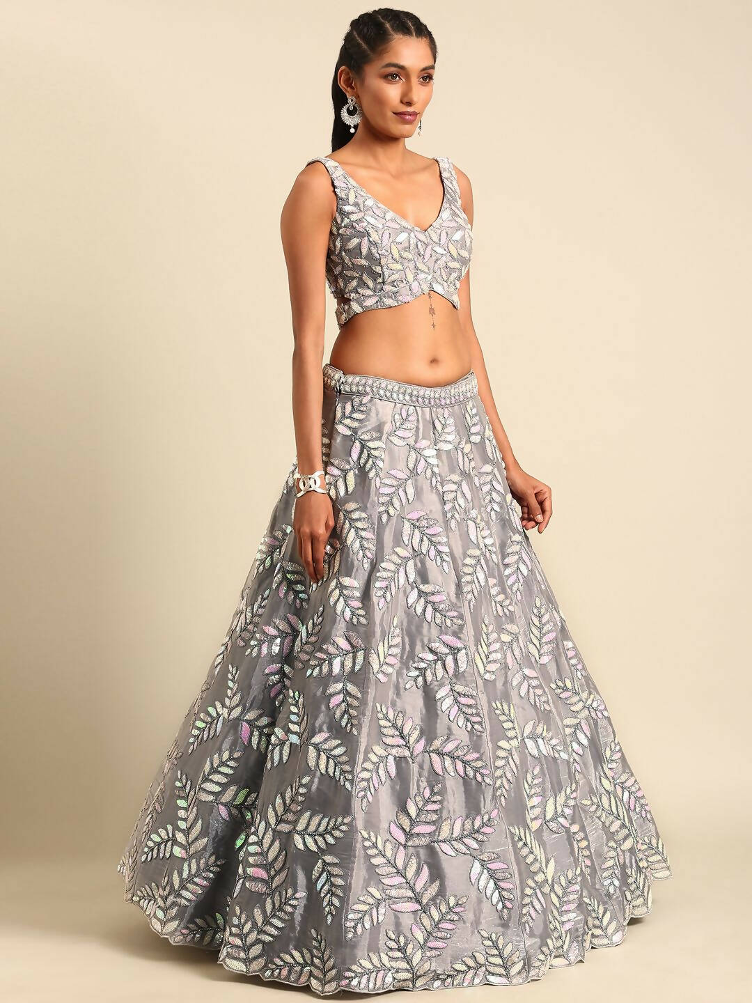 House of Panchhi Grey Organza Sequins & Zarkan embroidery Lehenga choli & Dupatta | Swadesiicart