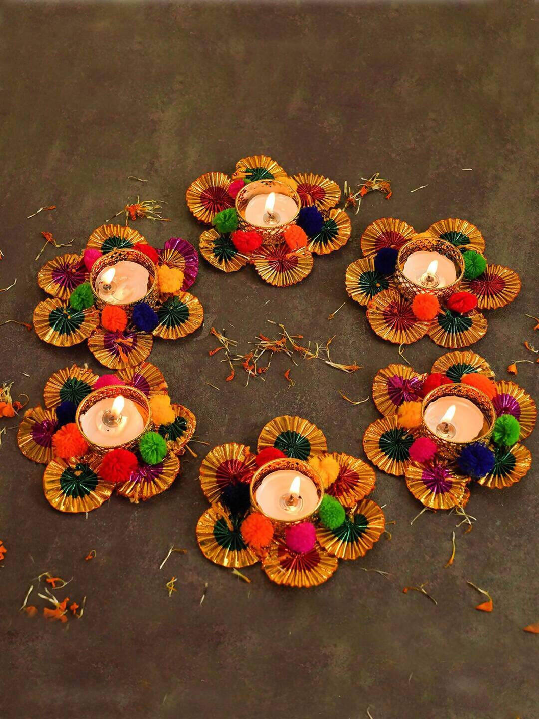 Tied Ribbons Multi Set of 6 Diwali Decoartion Flower Tealight Candle Holder | Swadesiicart