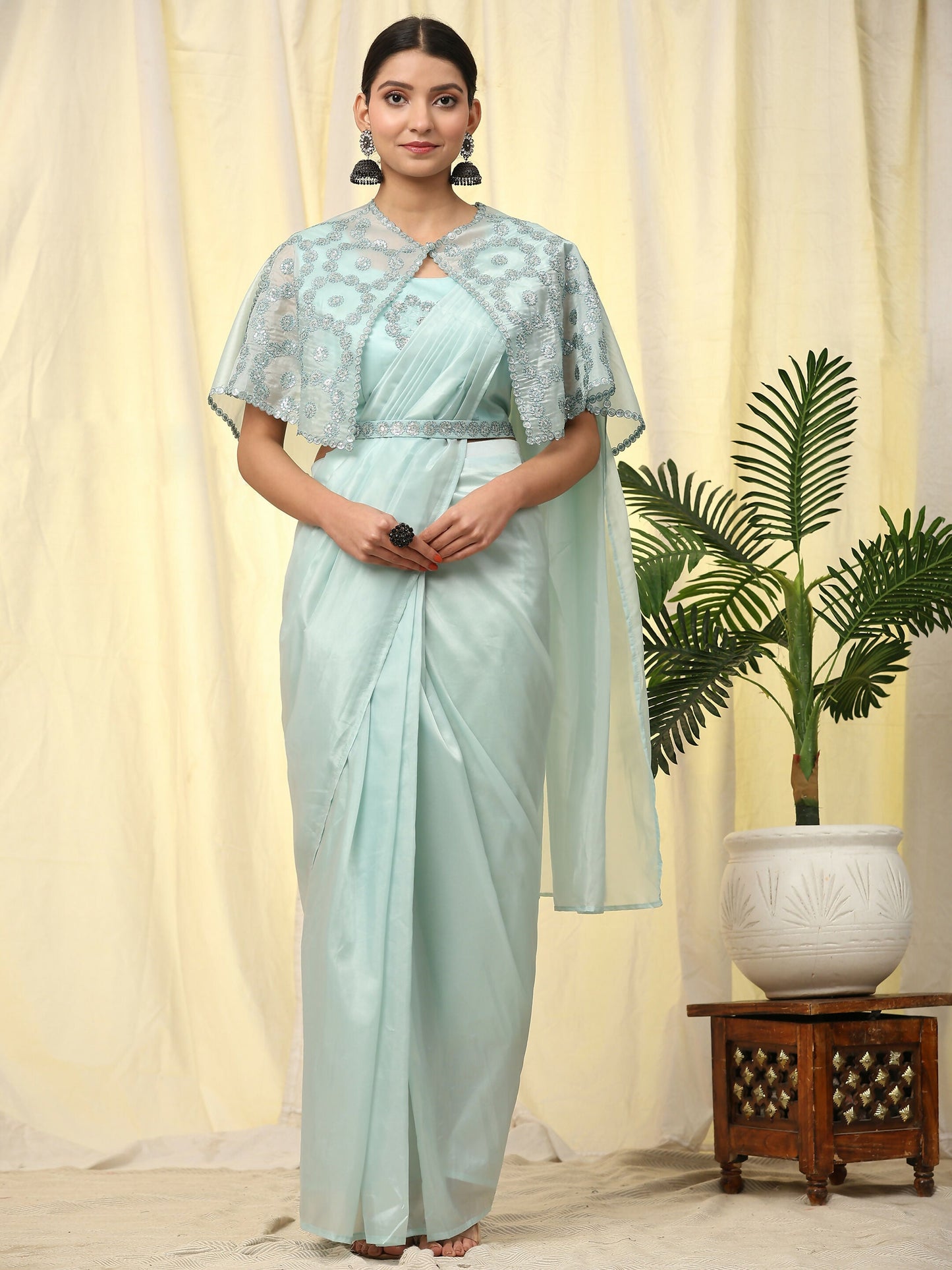 Blue Satin Solid Ready to wear Saree with stitched Blouse - Vanita | Swadesiicart