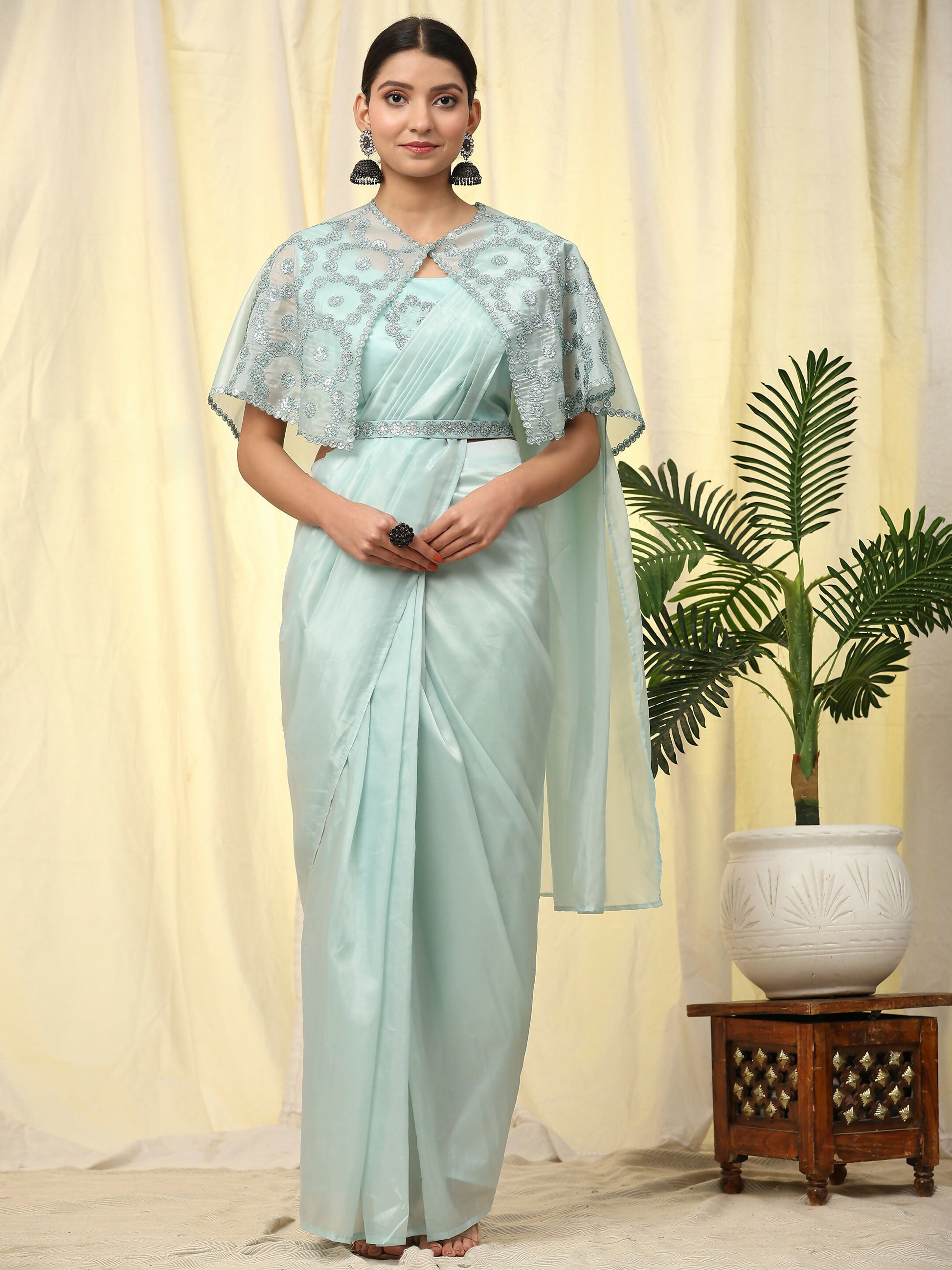 Blue Satin Solid Ready to wear Saree with stitched Blouse - Vanita | Swadesiicart