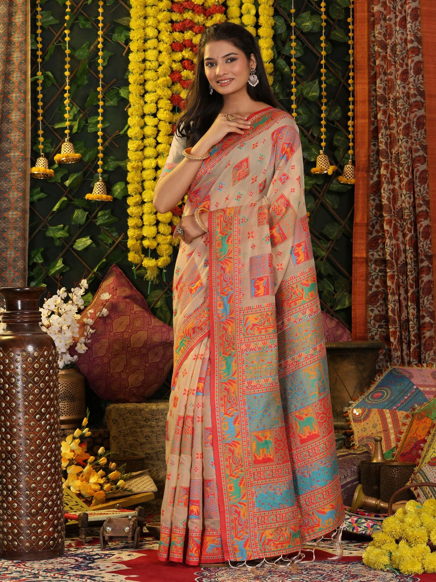 Shree Shyam Fashion Linen Cotton Off White Saree