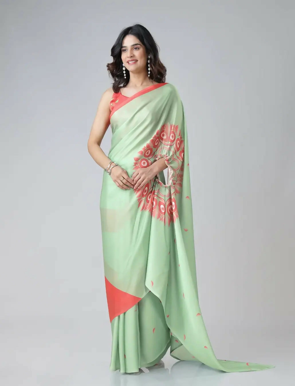 Vastranavya Mint Green & Coral Mandala Print Free Hand Ready to Wear Saree | Swadesiicart