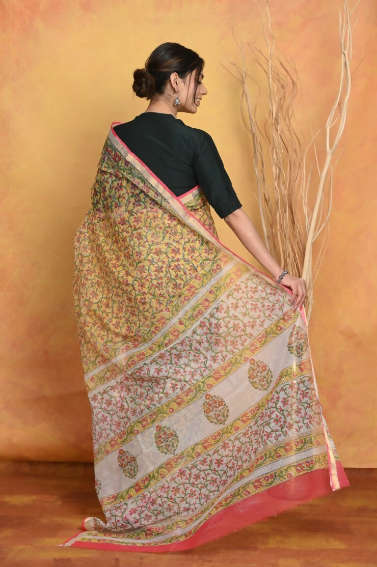 Very Much Indian Pure Kota Cotton Handblock Printed Saree - Yellow | Swadesiicart