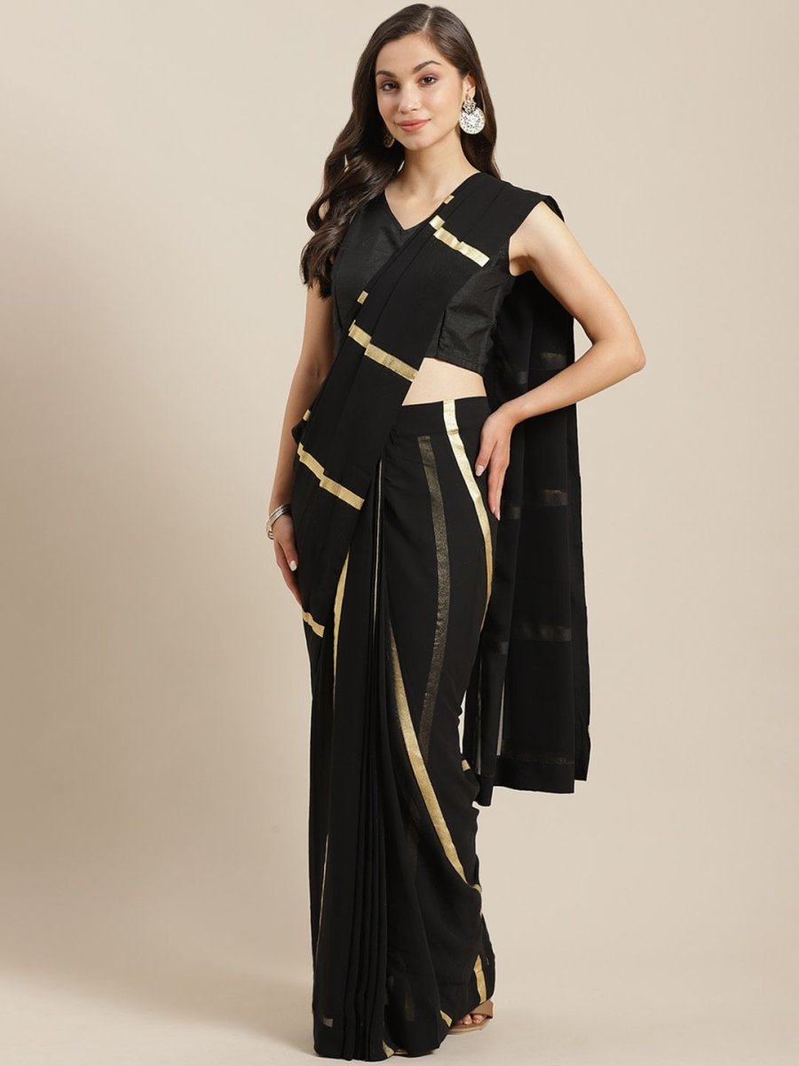 Ahalyaa Women's Black Georgette Gold Print Ready to Wear Saree | Swadesiicart