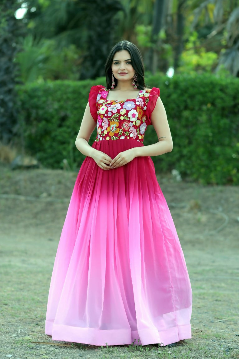 Jyoti Fashion Women's Pink Sequins Embroidery Faux Blooming Anarkali Dress | Swadesiicart