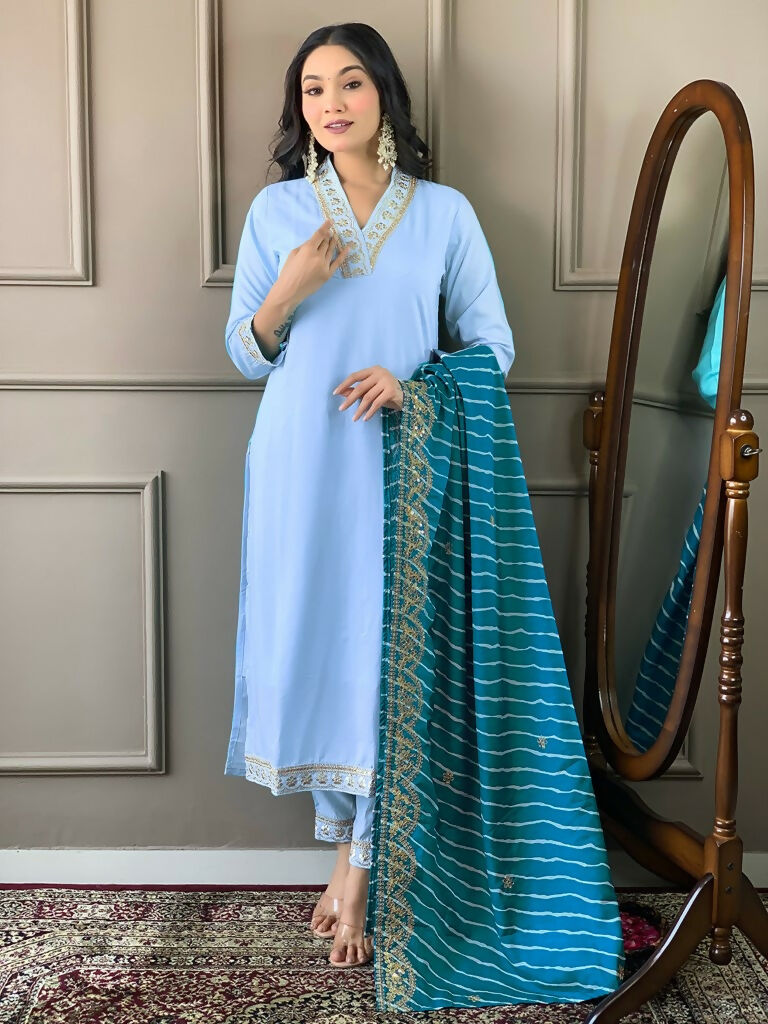 Partywear Designer Viscose Silk Blend Sky Stitched Suit With Dupatta - Tanisha | Swadesiicart