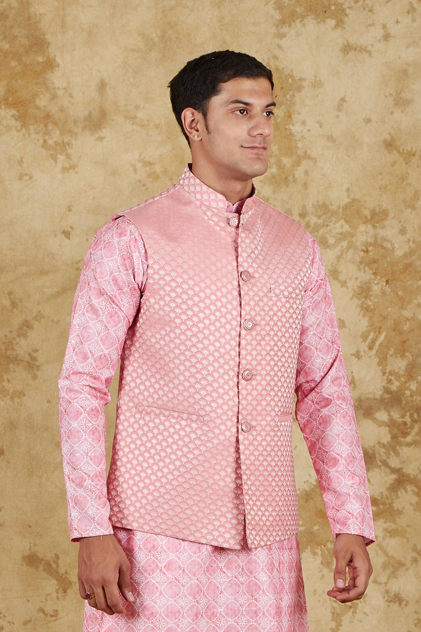 Bluesaanchi Men's Jacquard Pink Waistcoat | Swadesiicart