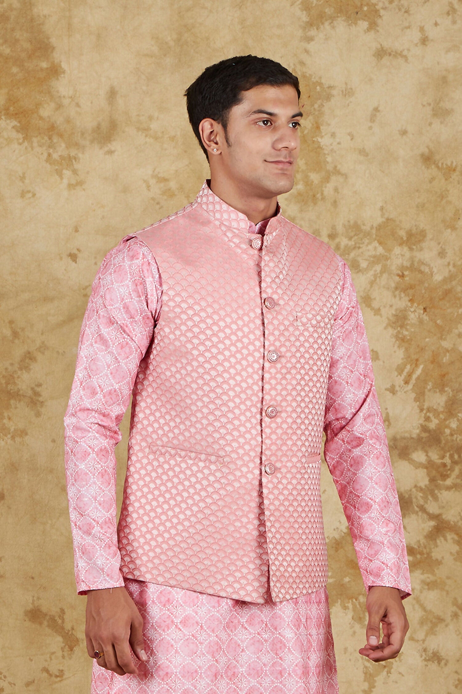 Bluesaanchi Men's Jacquard Pink Waistcoat | Swadesiicart