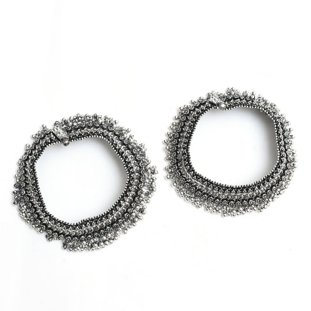 Mominos Fashion Kamal Johar Oxidised Silver Heavy Design Anklets | Swadesiicart