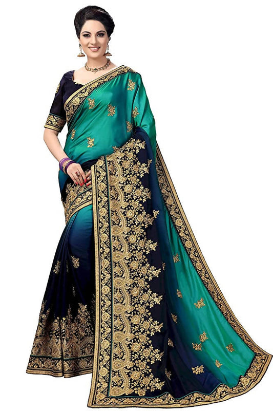 Sarvadarshi Fashion Women's Blue Barfi Silk Heavy lace Embroidery work Saree With blouse piece | Swadesiicart