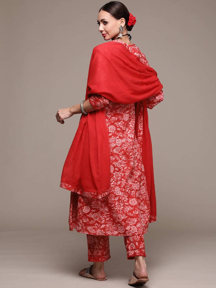 Anubhutee Red Floral Printed Pure Cotton Kurta with Trousers & With Dupatta | Swadesiicart