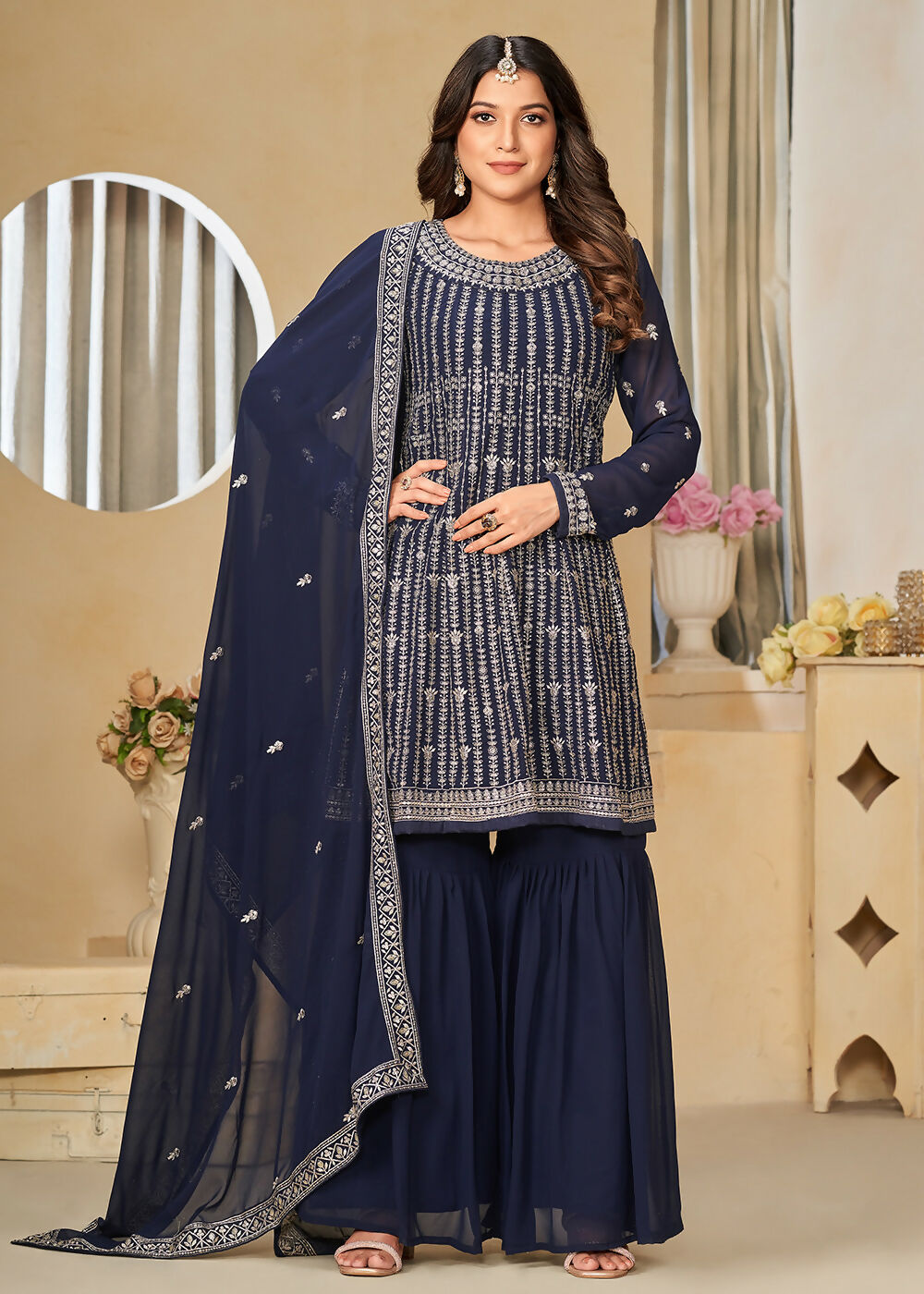 Faux Georgette Blue Embroidered Gharara Style Suit - Emponline | Swadesiicart