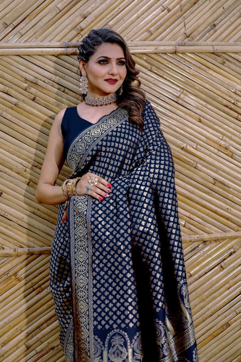 Partywear Designer Dark Blue Banarasi Silk Fancy Saree - Starwalk | Swadesiicart
