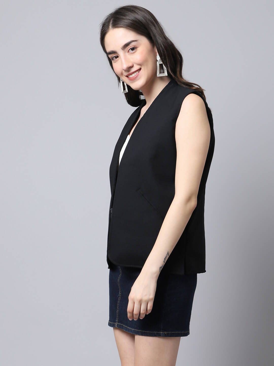 Even Apparels Black Linen Cotton Open Front Women's Waistcoat | Swadesiicart