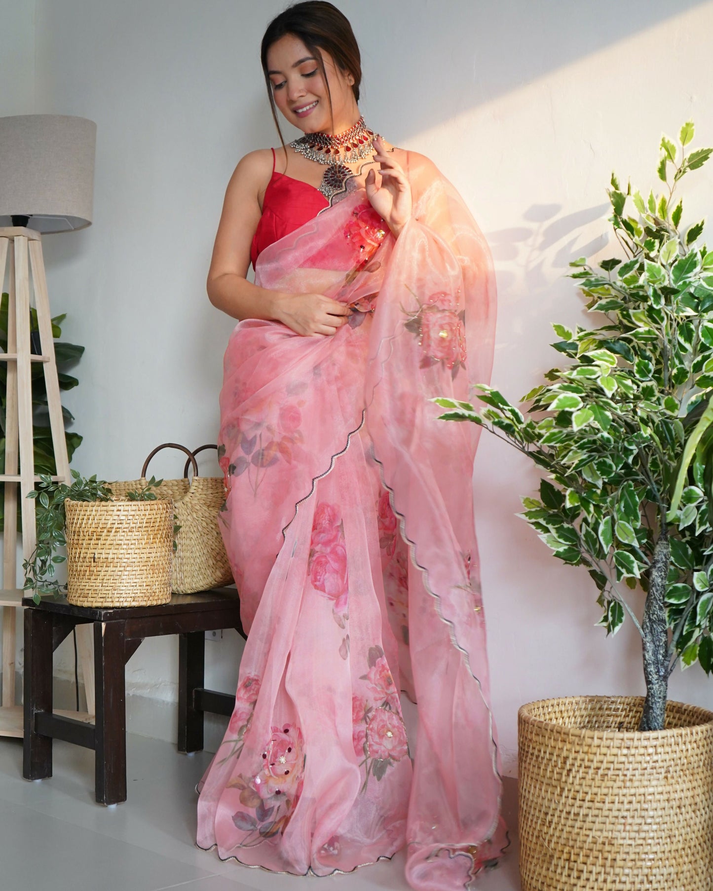 Vamsee Ramya Onion Organza Saree - Swadesiicart
