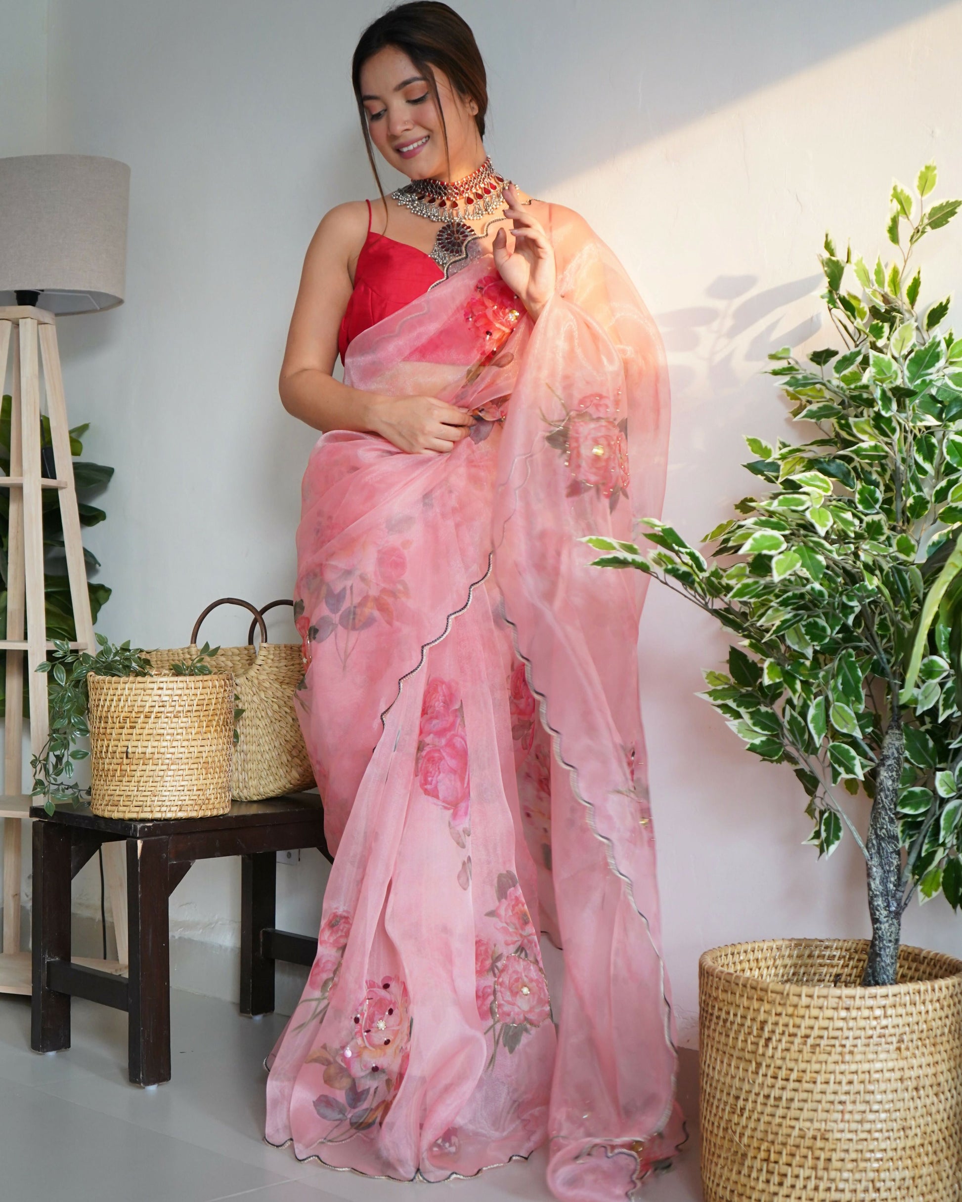 Vamsee Ramya Onion Organza Saree - Swadesiicart