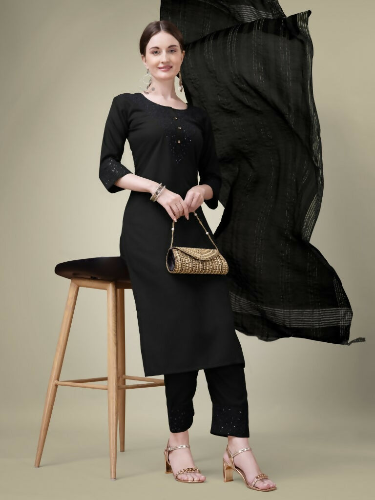 Jyoti Fashion Women's Black Cotton Blend Embroidery & Sequence work Kurta with Trouser & Dupatta | Swadesiicart