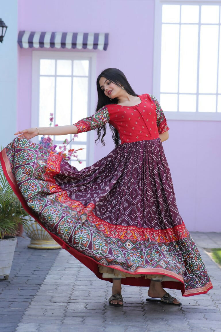 Jyoti Fashion Women's Wine Patola with Foil Print Dola Silk Anarkali Dress | Swadesiicart