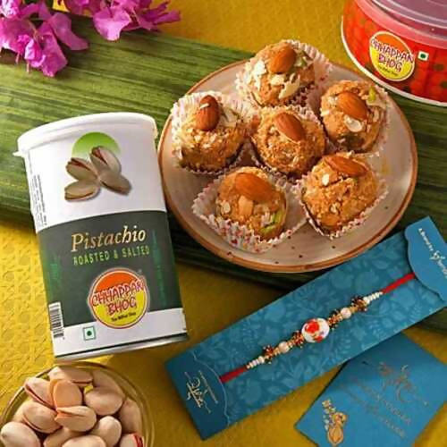 White Pearl Beads Rakhi & Laddu Hamper Combo | Swadesiicart