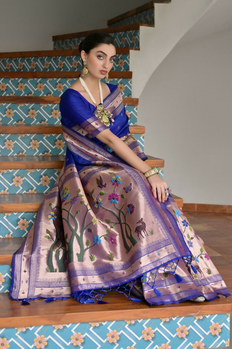 Vishnu Weaves Women's Royal Paithani Silk Zari Woven Saree with Blouse - Swadesiicart