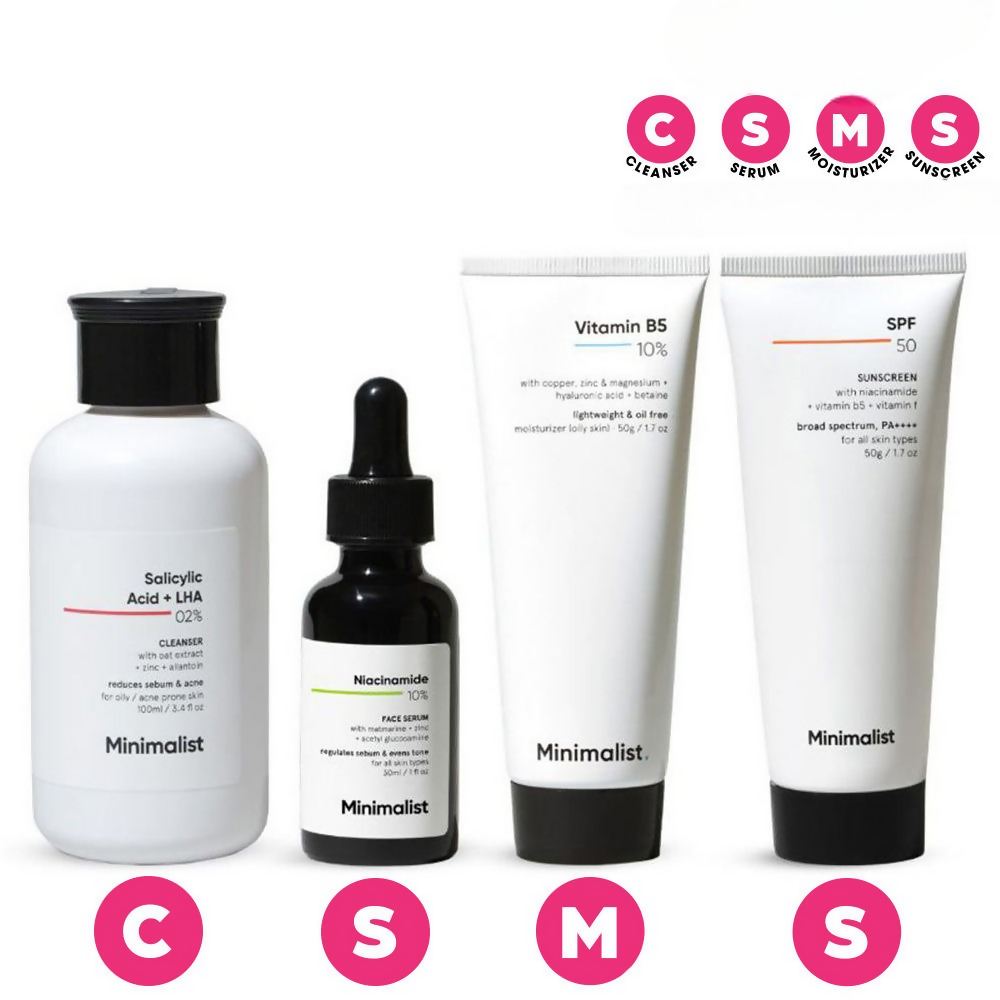 Minimalist Daily Skincare Routine CSMS (Cleanser, Serum, Moisturizer, Sunscreen) Combo For Oily & Acne Prone Skin | Swadesiicart